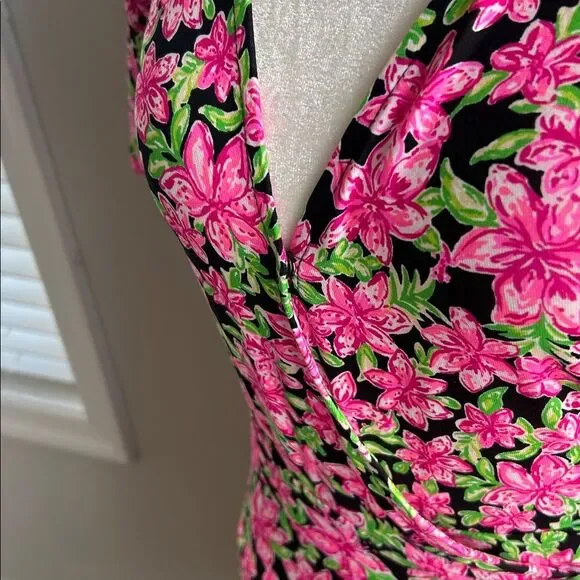Lilly Pulitzer Kessler Lil Lilly Onyx Pink Green Floral Ruffle Wrap Dress XS - Picture 5 of 11